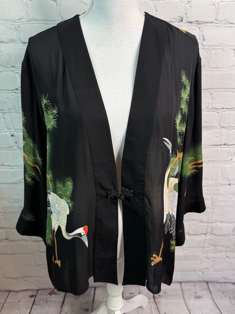 SIMPLY SILK Kimono Crane Black Silk Top 1X